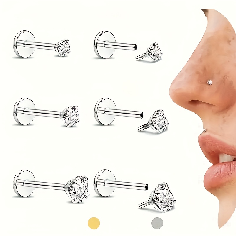 6pcs 16G Flat Back Earrings Studs Cartilage Jewelry 316L Stainless Steel